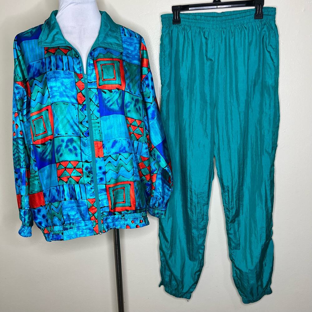 80s Sunterra Tracksuit Large Womens 2 Piece Jacket & Pants Retro Patchwork Blue